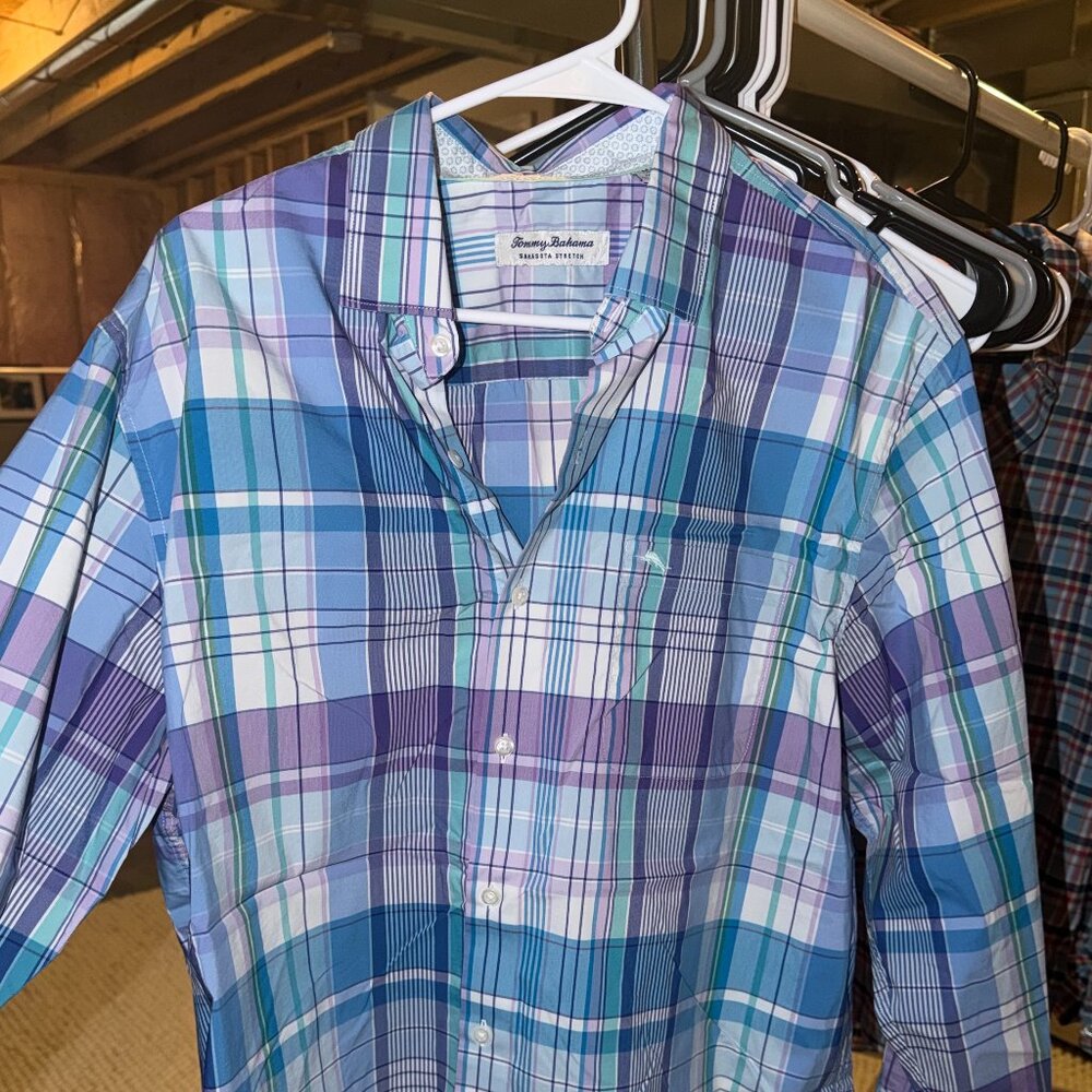 Tommy Bahama Button Up Shirt Men Medium Blue Purple Plaid Long Sleeve Casual
